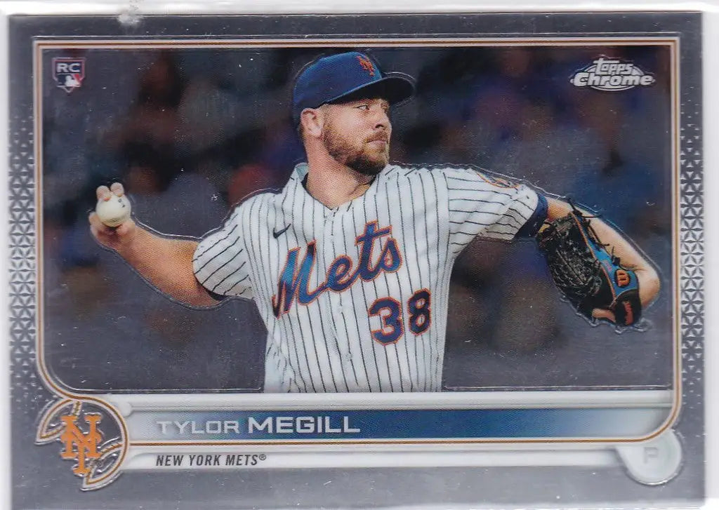Baseball card of Tylor Megill from Topps Chrome featuring New York Mets pitcher in action