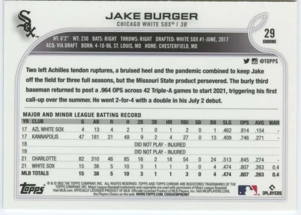 2022 Topps Chrome #29 Jake Burger NM-MT RC Rookie Chicago White Sox Baseball Card - Baseball Card Single