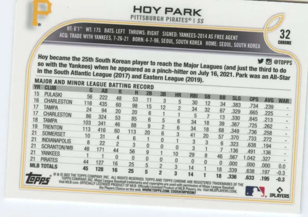 2022 Topps Chrome #32 Hoy Park NM-MT RC Rookie Pittsburgh Pirates Baseball Card - Baseball Card Single
