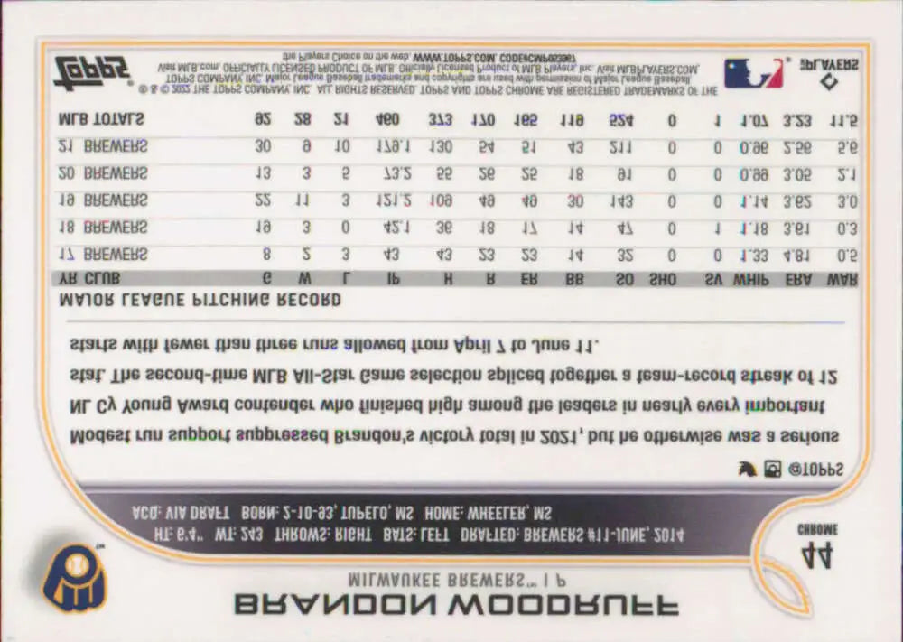 2022 Topps Chrome #44 Brandon Woodruff NM-MT Milwaukee Brewers Baseball Card - Baseball Card Single