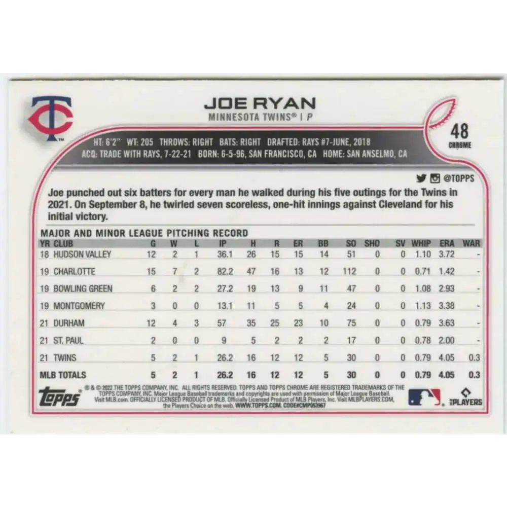 2022 Topps Chrome #48 Joe Ryan NM-MT RC Rookie Minnesota Twins Baseball Card - Baseball Card Single