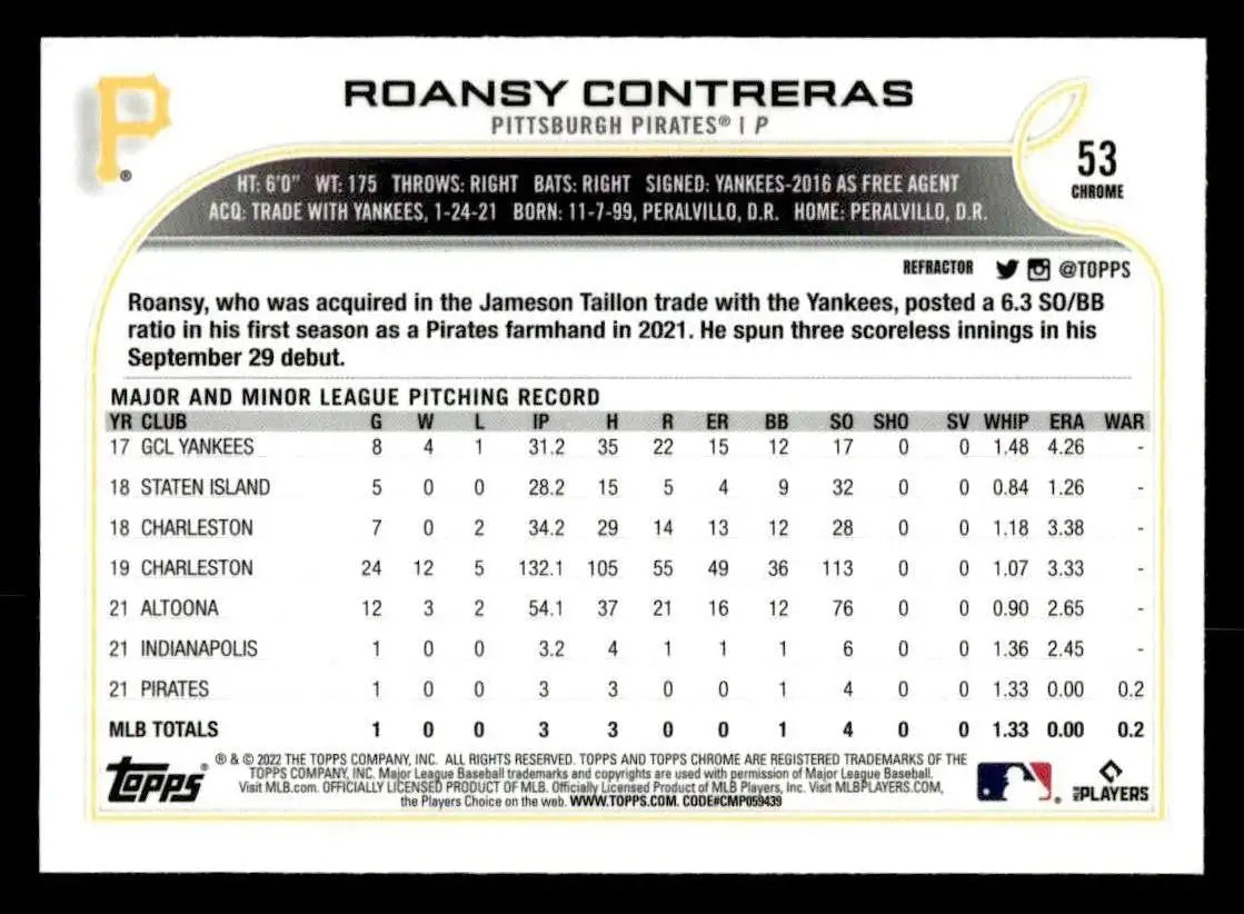 2022 Topps Chrome #53 Roansy Contreras Prism Refractor - Baseball Card Single