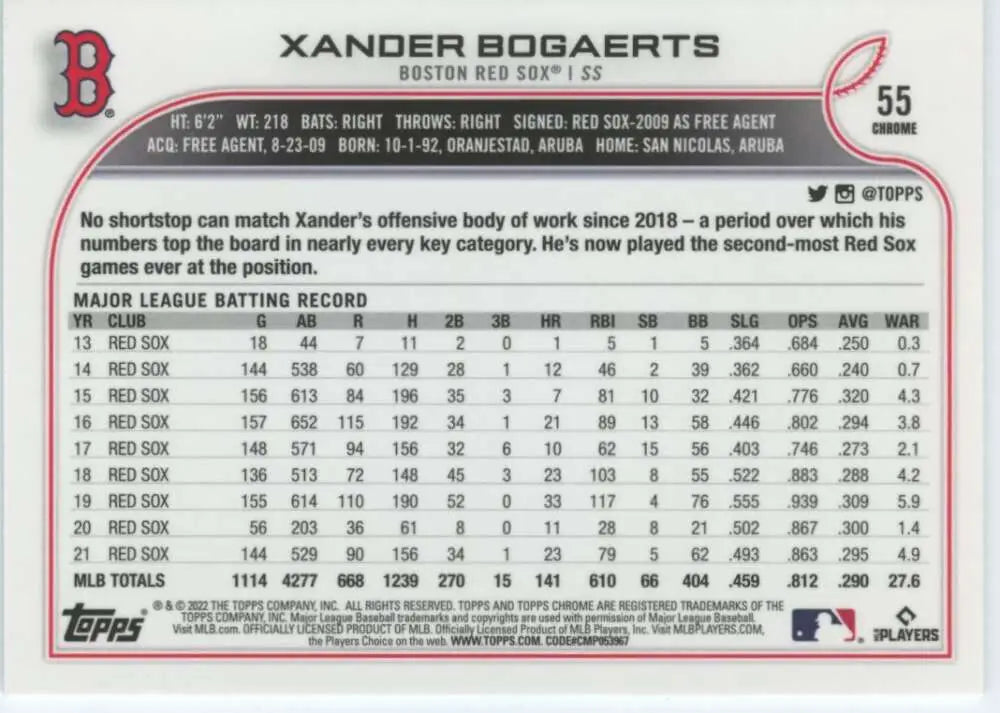 2022 Topps Chrome #55 Xander Bogaerts NM-MT Boston Red Sox Baseball Card - Baseball Card Single