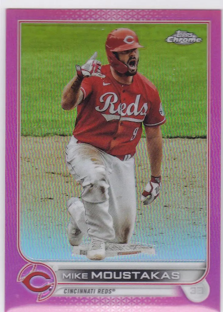 Baseball trading card of Mike Moustakas in Pink Variation for Cincinnati Reds