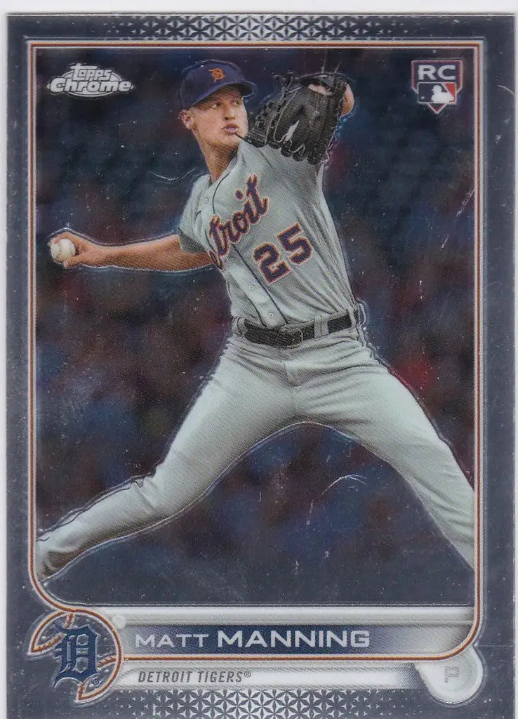 Baseball card of Matt Manning RC Detroit Tigers in mid-throw from Topps Chrome