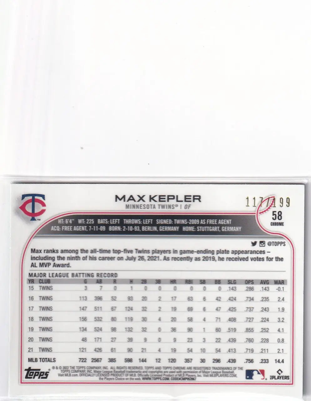 2022 TOPPS CHROME #58 MAX KEPLER DIAMOND CUT 117/199- MINNESOTA TWINS - Baseball Card Single