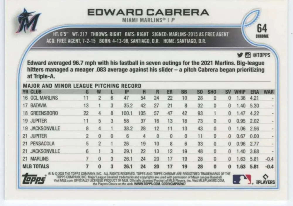 2022 Topps Chrome #64 Edward Cabrera NM-MT RC Rookie Miami Marlins Baseball Card - Baseball Card Single