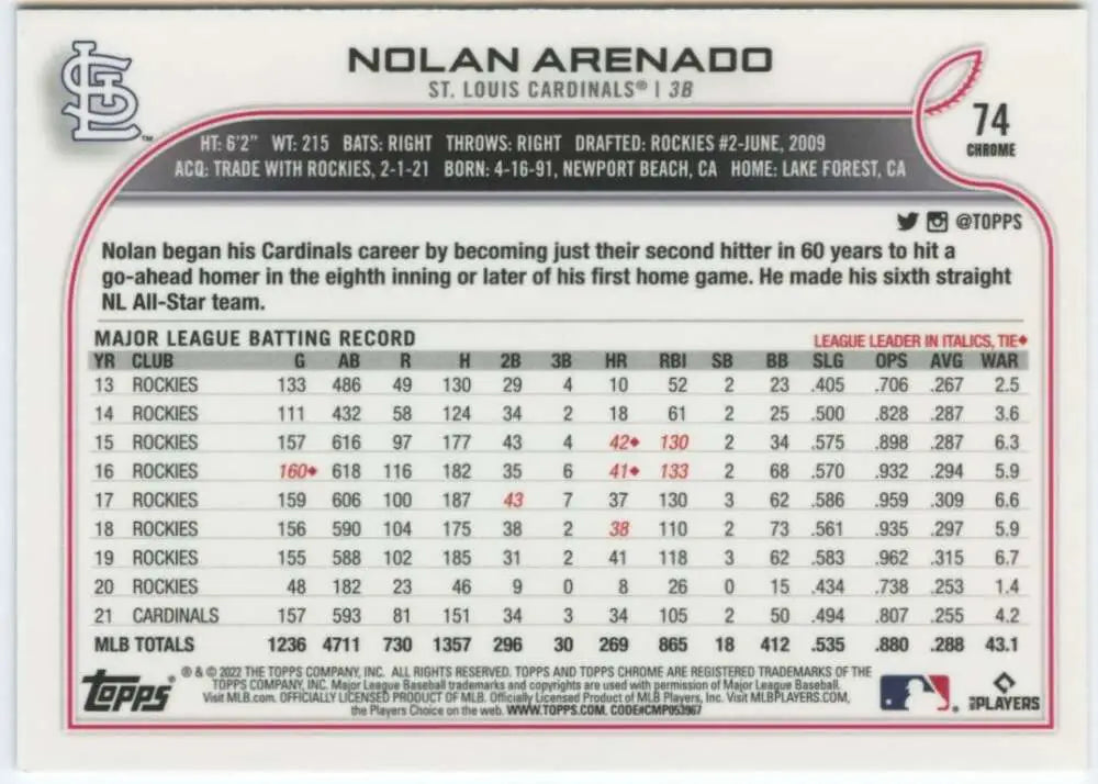 2022 Topps Chrome #74 Nolan Arenado NM-MT St. Louis Cardinals Baseball Card - Baseball Card Single