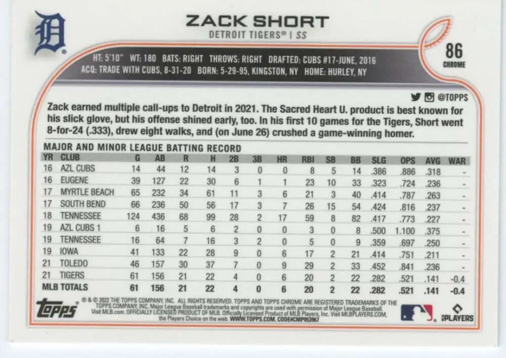 2022 Topps Chrome #86 Zack Short NM-MT RC Rookie Detroit Tigers Baseball Card - Baseball Card Single