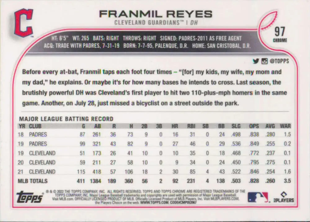 2022 Topps Chrome #97 Franmil Reyes NM-MT Cleveland Guardians Baseball Card