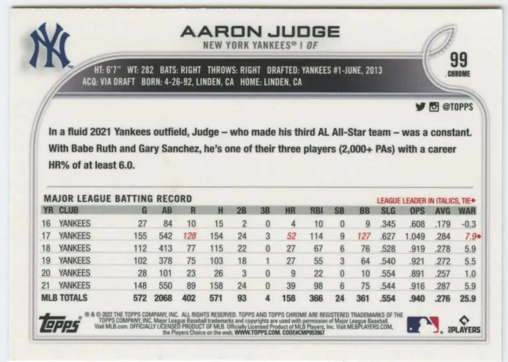 2022 Topps Chrome #99 Aaron Judge NM-MT New York Yankees Baseball Card - Baseball Card Single