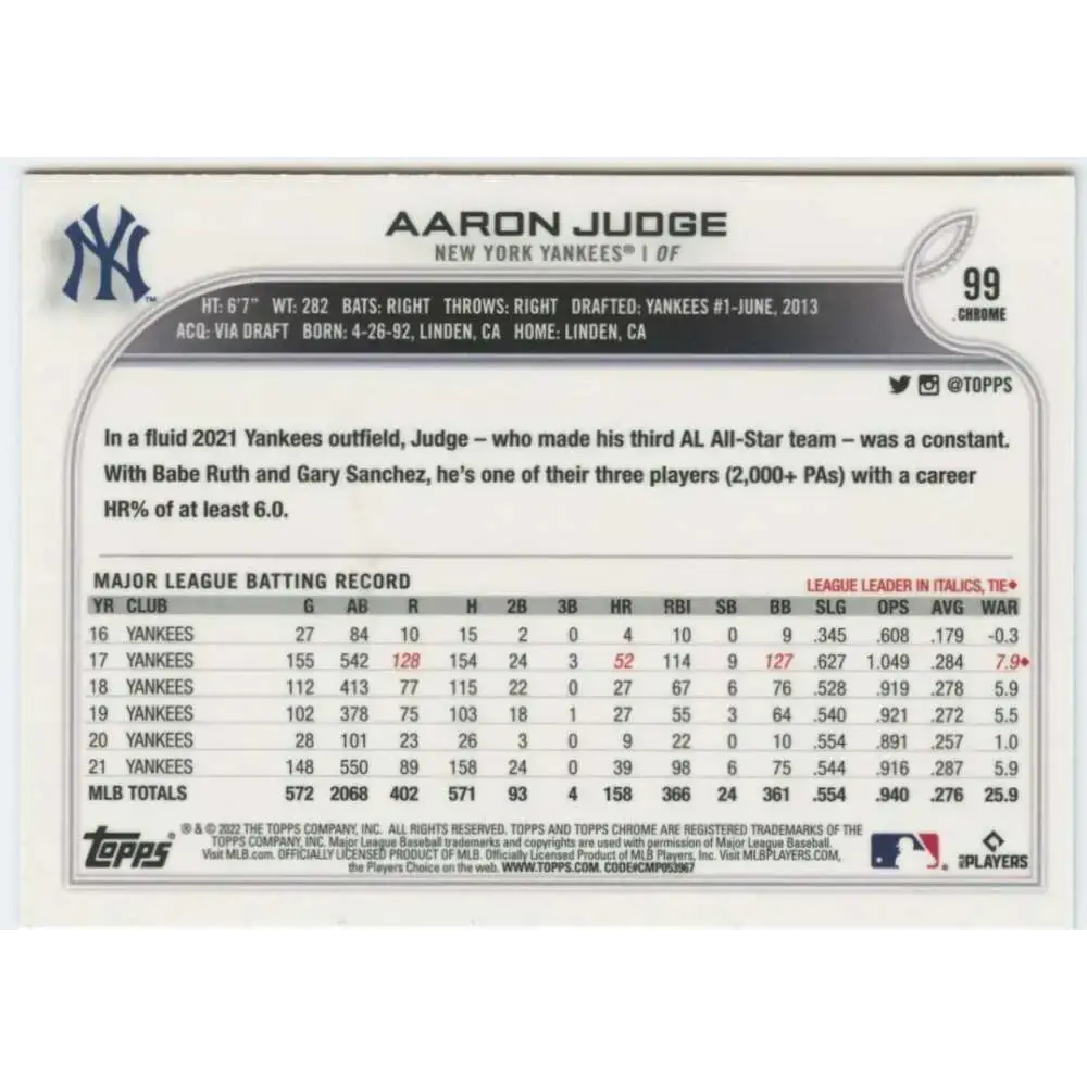 2022 Topps Chrome #99 Aaron Judge NM-MT New York Yankees Baseball Card - Baseball Card Single