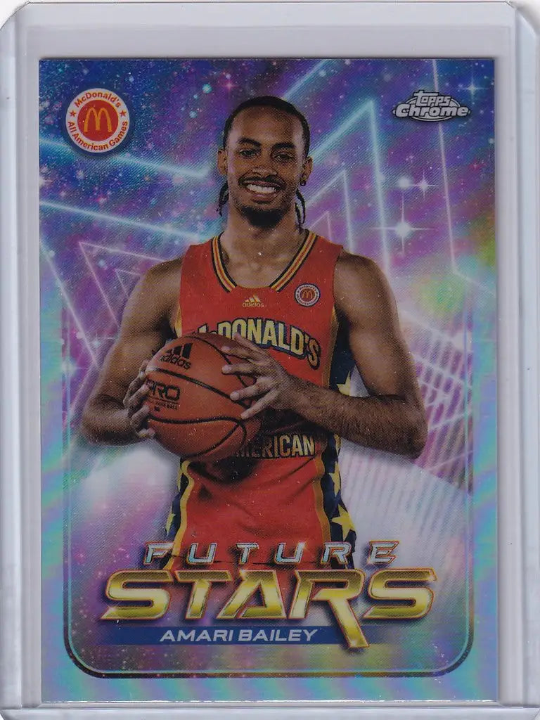 Basketball trading card of Amari Bailey in red McDonald’s jersey, Topps Chrome American Future Stars