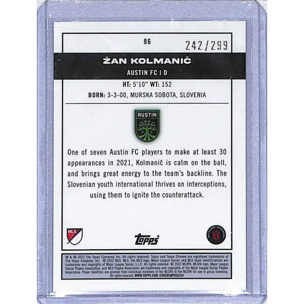 2022 Topps Chrome MLS Soccer Green #86 Zan Kolmanic NM-MT RC Rookie 242/299 Austin FC - Soccer Card Single
