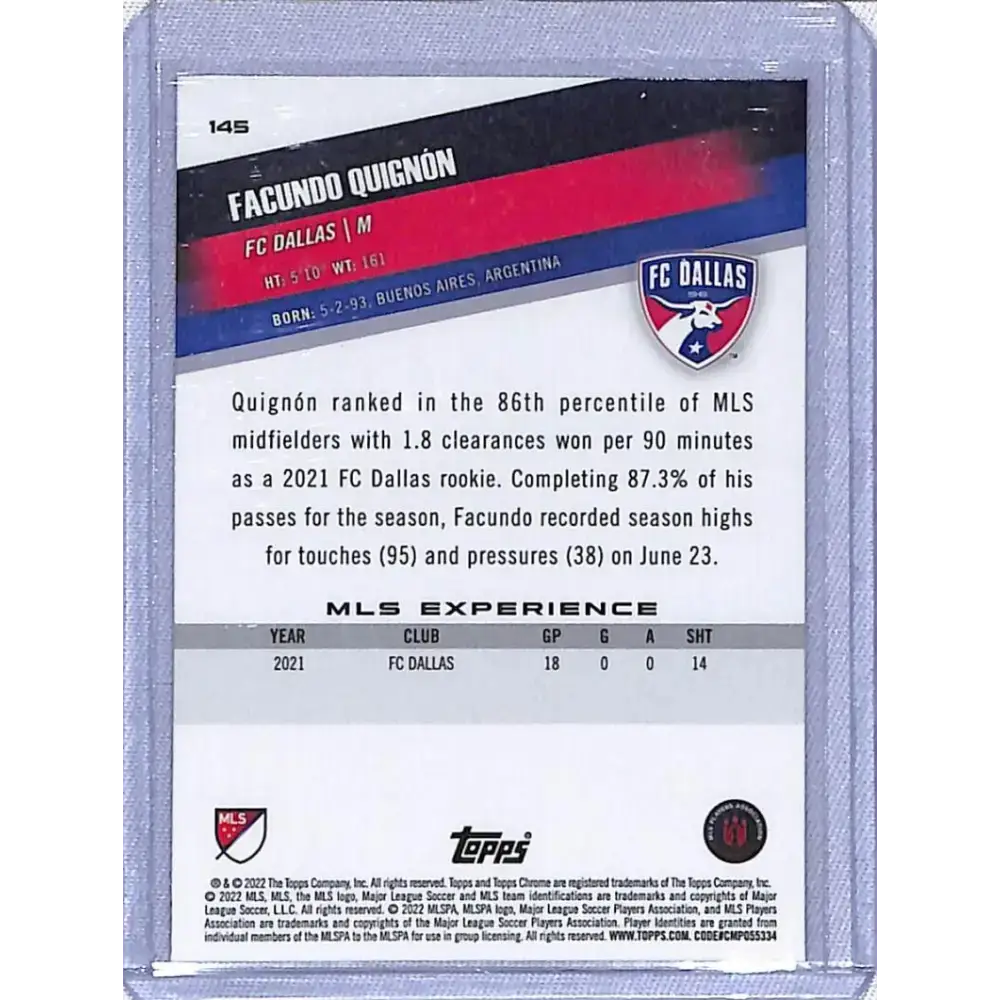 2022 Topps Chrome MLS Soccer Pink #145 Facundo Quignon NM-MT FC Dallas - Soccer Card Single