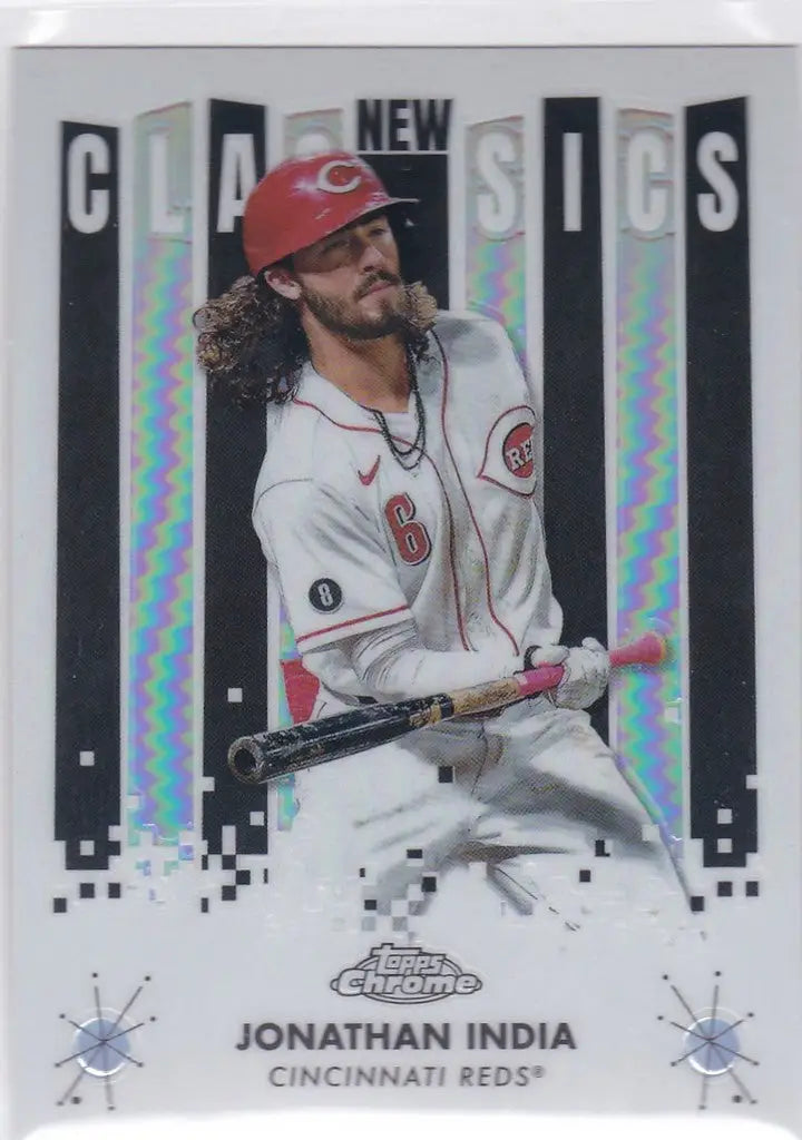 Baseball card of Jonathan India insert Cincinnati Reds player in white uniform and red cap