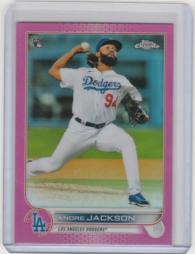 Baseball card of Andre Jackson in mid-throw, featuring Topps Chrome Pink design