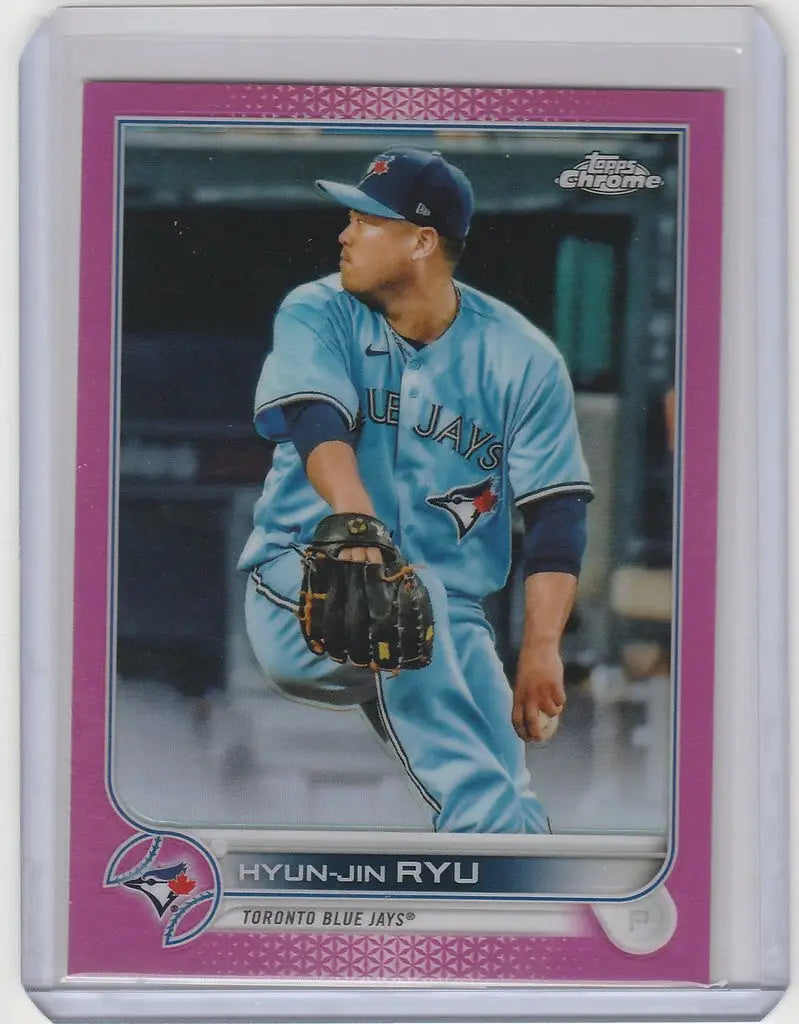 Baseball card of Hyun-Jin Ryu in light blue uniform, Topps Chrome Pink, Toronto Blue Jays