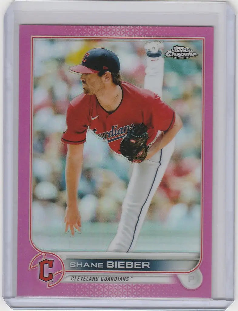 Baseball card of Shane Bieber in red uniform for 2022 Topps Chrome Pink #208