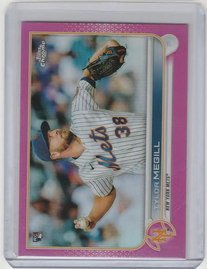 Baseball card of Tylor Megill mid-throw for New York Mets Topps Chrome Pink