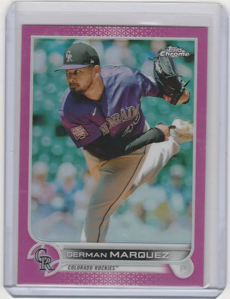 Baseball card of German Marquez pitching from the 2022 Topps Chrome Pink series