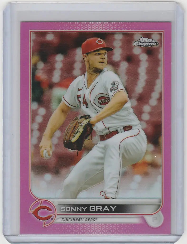 Baseball card of Sonny Gray in mid-throw for Topps Chrome Pink Cincinnati Reds