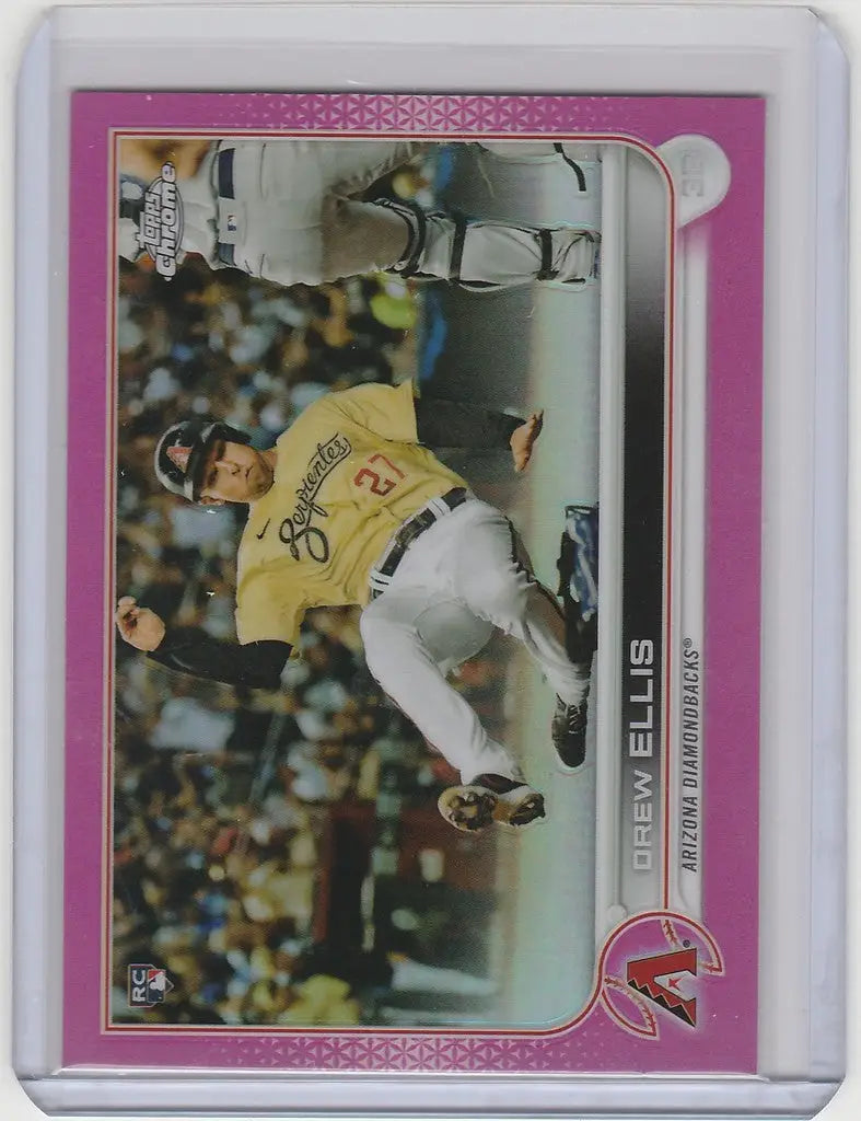 Baseball card of Drew Ellis in yellow jersey for Oakland Athletics, Topps Chrome Pink