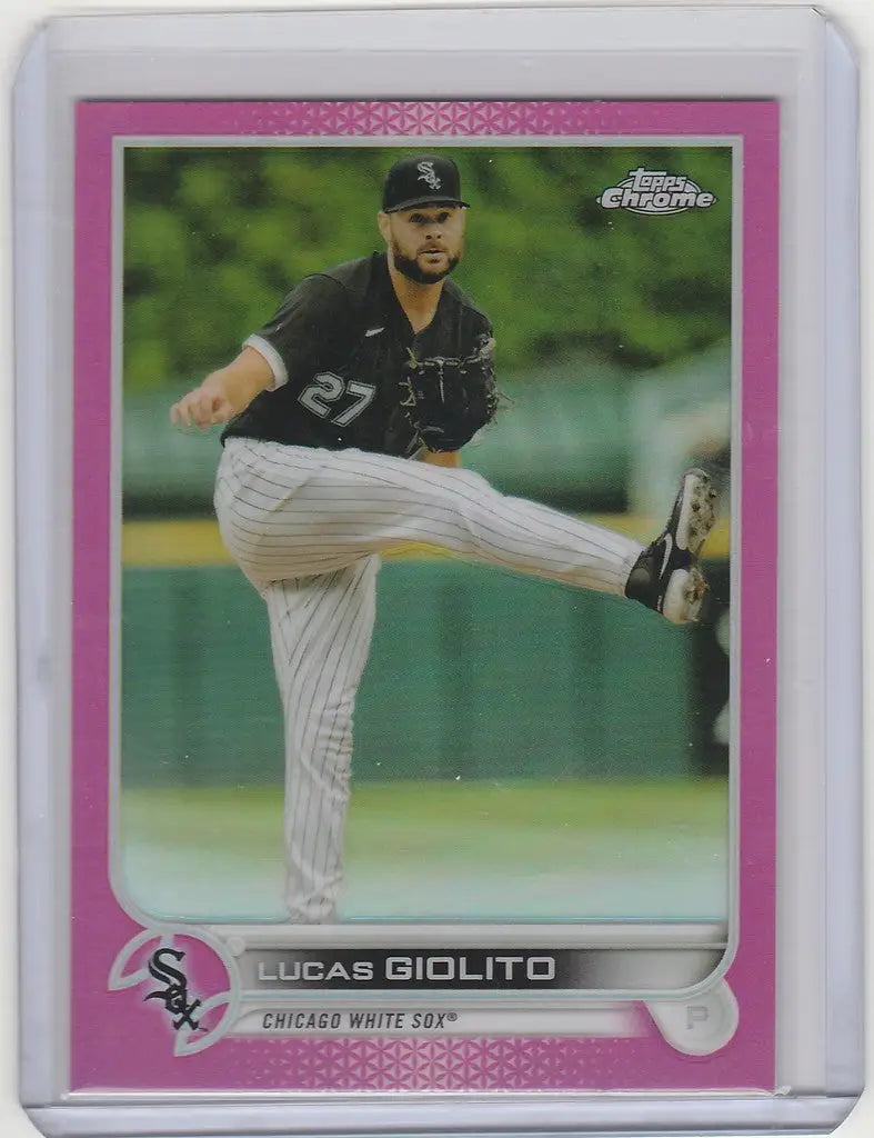 Baseball card of Lucas Giolito mid-throwing for Topps Chrome Pink Chicago White Sox