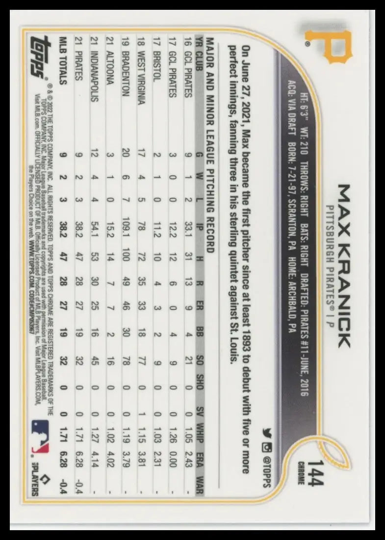2022 Topps Chrome - Pink Refractor Max Kranick 144 Pittsburgh Pirates NM - Baseball Card Single