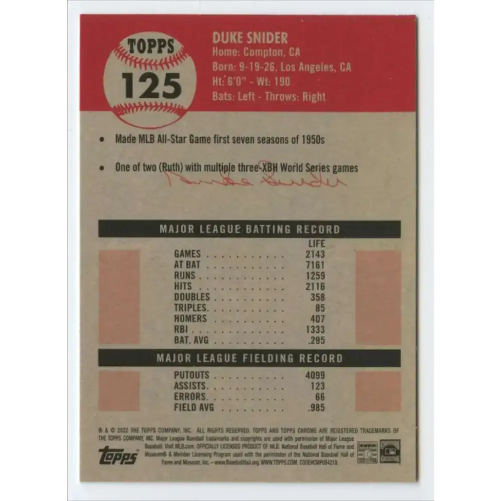 2022 Topps Chrome Platinum Anniversary #125 Duke Snider NM-MT Brooklyn Dodgers Baseball Card - Baseball Card Single