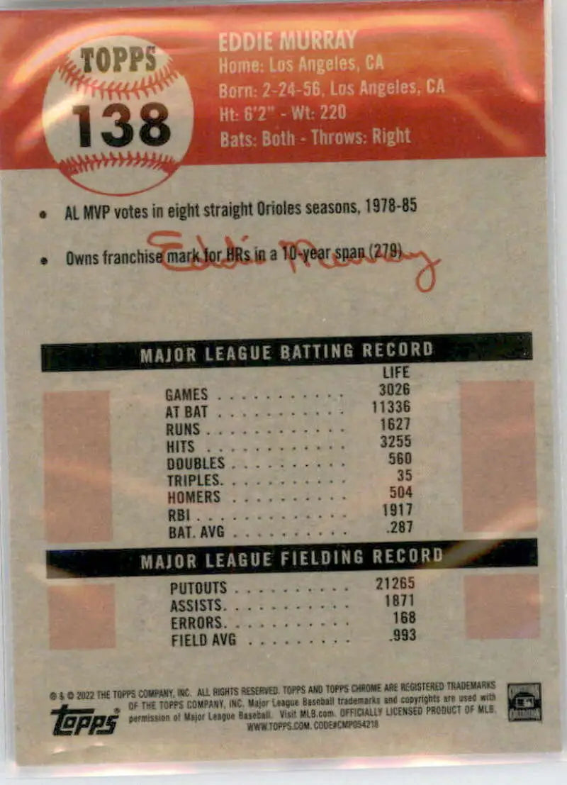 2022 Topps Chrome Platinum Anniversary #138 Eddie Murray EX Excellent Baltimore Orioles Baseball Card - Baseball Card