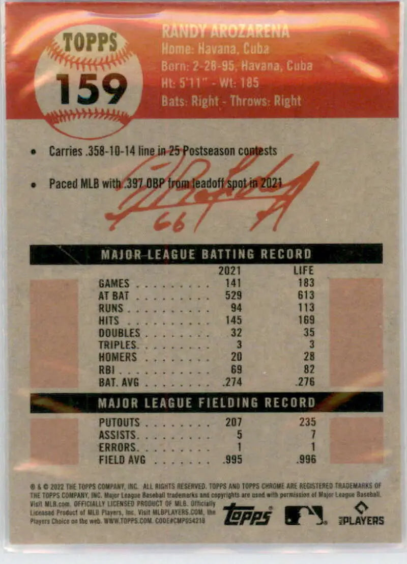 2022 Topps Chrome Platinum Anniversary #159 Randy Arozarena EX Excellent Tampa Bay Rays Baseball Card - Baseball Card