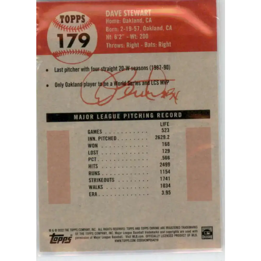 2022 Topps Chrome Platinum Anniversary #179 Dave Stewart NM-MT Oakland Athletics Baseball Card - Baseball Card Single