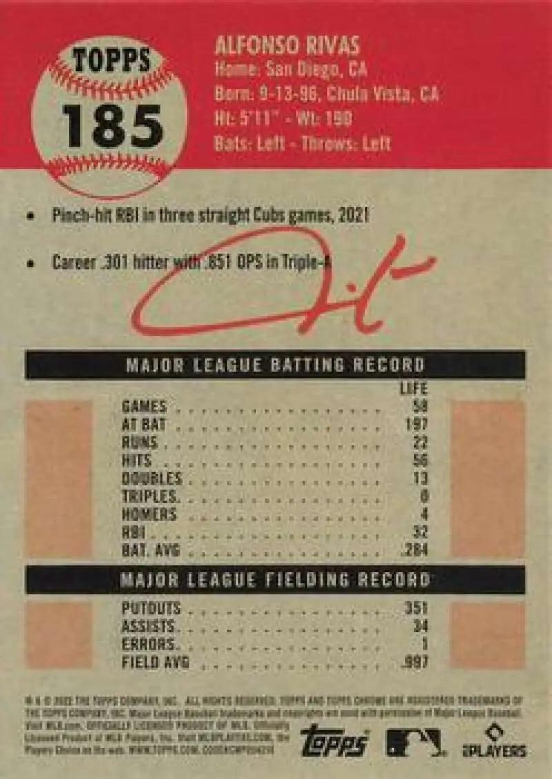 2022 Topps Chrome Platinum Anniversary #185 Alfonso Rivas EX Excellent RC Rookie Chicago Cubs Baseball Card - Baseball
