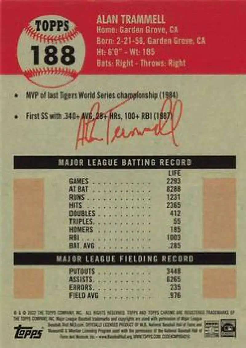 2022 Topps Chrome Platinum Anniversary #188 Alan Trammell EX Excellent Detroit Tigers Baseball Card - Baseball Card
