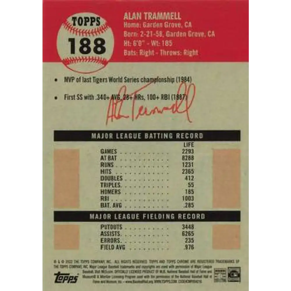 2022 Topps Chrome Platinum Anniversary #188 Alan Trammell NM-MT Detroit Tigers Baseball Card - Baseball Card Single