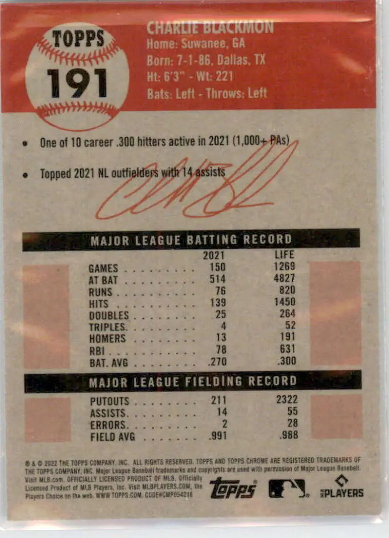 2022 Topps Chrome Platinum Anniversary #191 Charlie Blackmon EX Excellent Colorado Rockies Baseball Card - Baseball