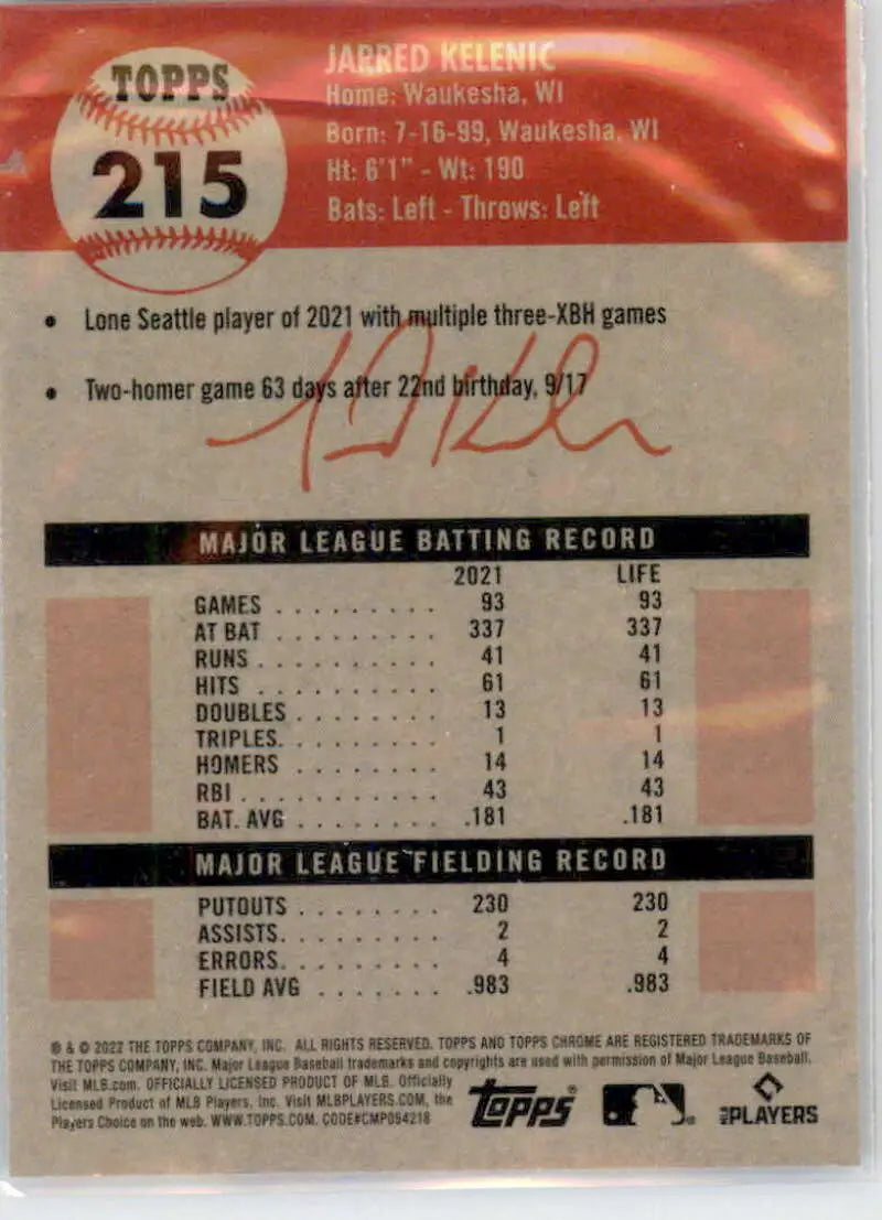 2022 Topps Chrome Platinum Anniversary #215 Jarred Kelenic EX Excellent Seattle Mariners Baseball Card - Baseball Card