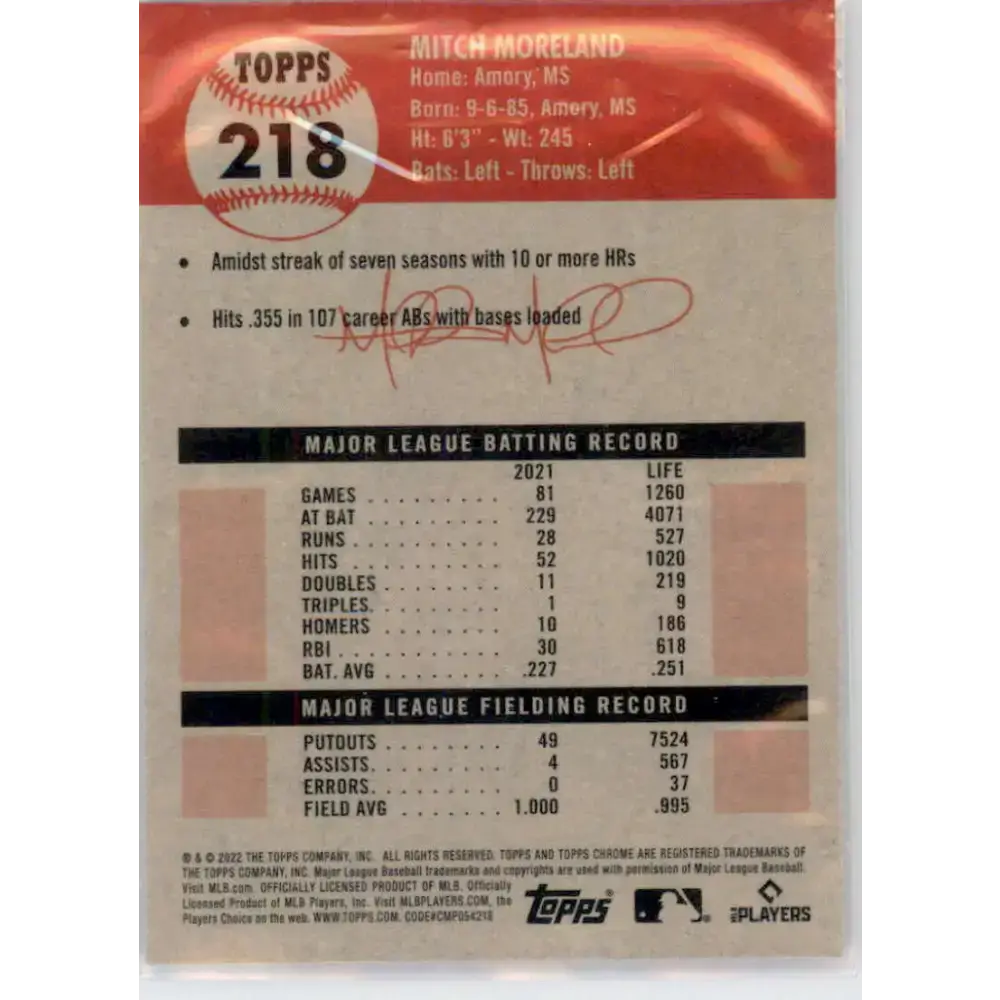 2022 Topps Chrome Platinum Anniversary #218 Mitch Moreland NM-MT Oakland Athletics Baseball Card - Baseball Card Single