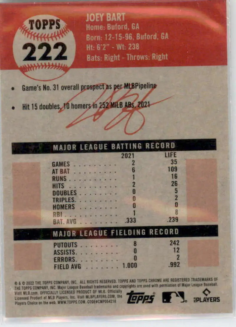 2022 Topps Chrome Platinum Anniversary #222 Joey Bart EX Excellent San Francisco Giants Baseball Card - Baseball Card
