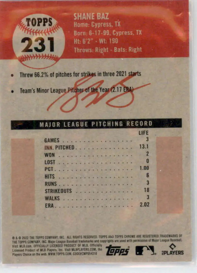 2022 Topps Chrome Platinum Anniversary #231 Shane Baz EX Excellent RC Rookie Tampa Bay Rays Baseball Card - Baseball