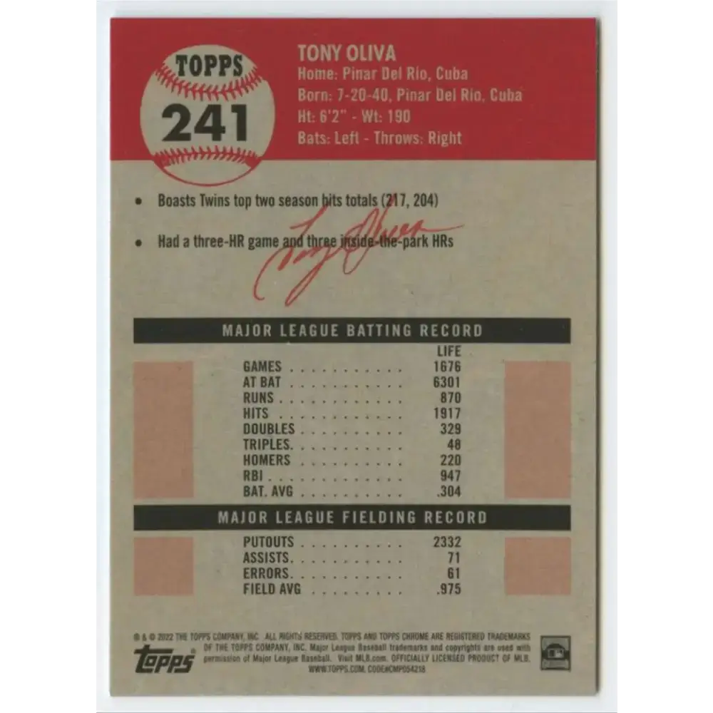 2022 Topps Chrome Platinum Anniversary #241 Tony Oliva NM-MT Minnesota Twins Baseball Card - Baseball Card Single