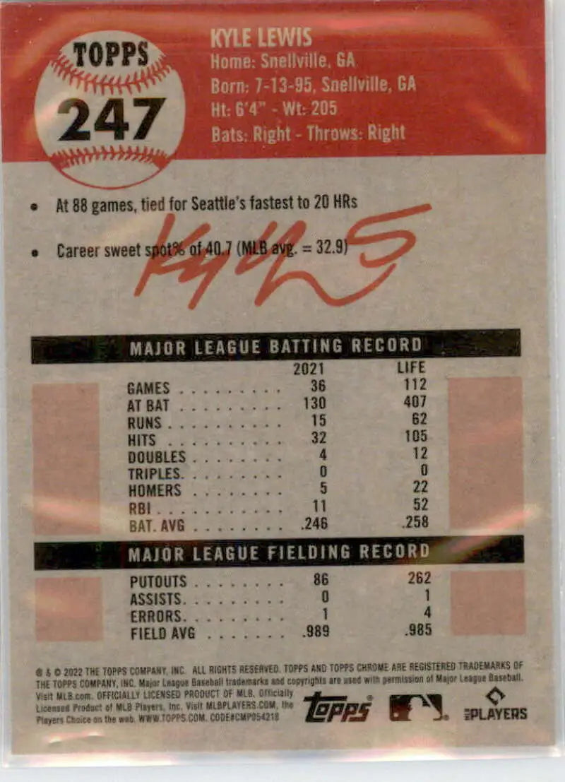 2022 Topps Chrome Platinum Anniversary #247 Kyle Lewis EX Excellent Seattle Mariners Baseball Card - Baseball Card
