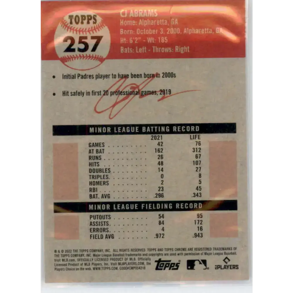 2022 Topps Chrome Platinum Anniversary #257 CJ Abrams NM-MT RC Rookie San Diego Padres Baseball Card - Baseball Card