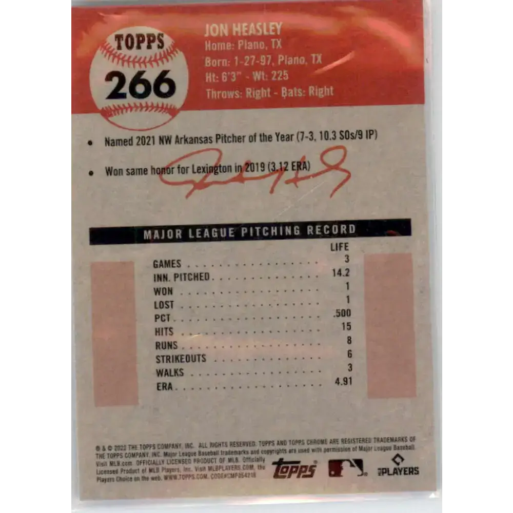 2022 Topps Chrome Platinum Anniversary #266 Jon Heasley NM-MT RC Rookie Kansas City Royals Baseball Card - Baseball