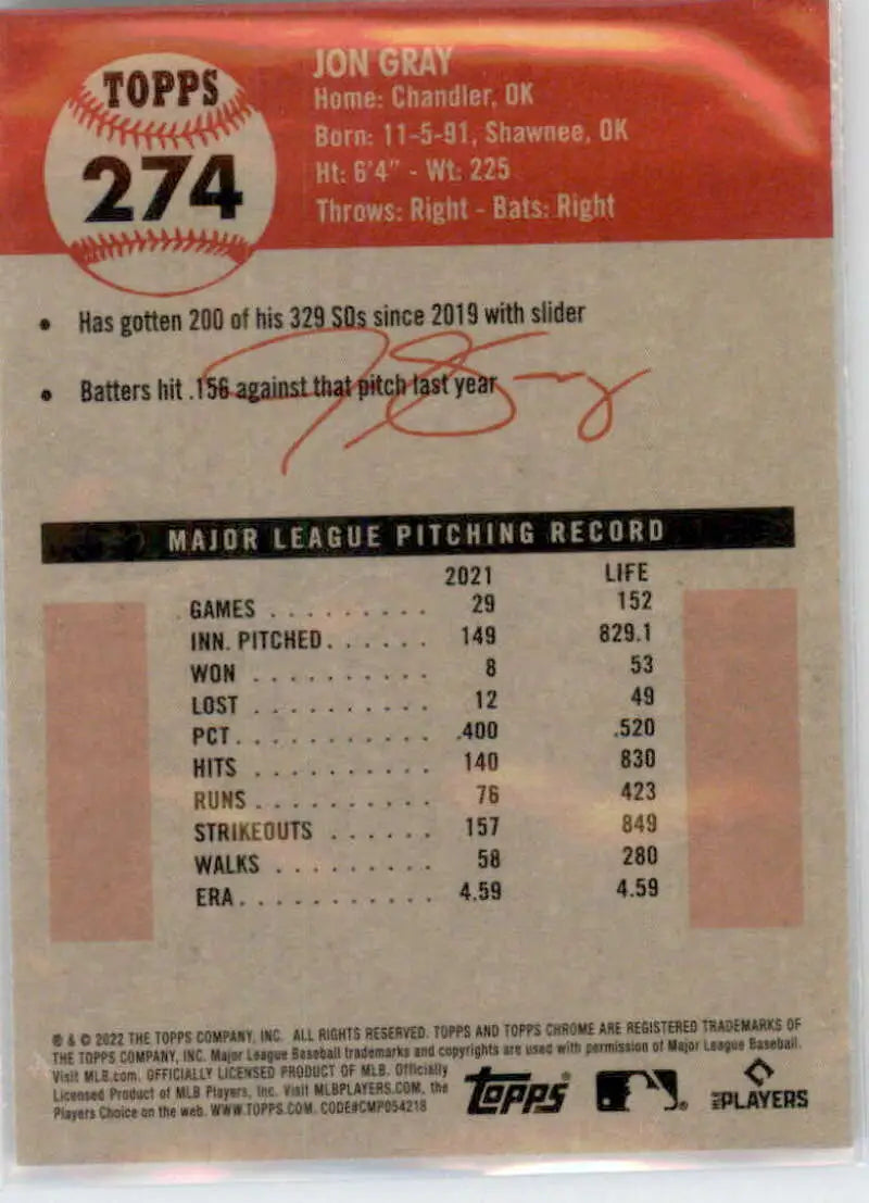 2022 Topps Chrome Platinum Anniversary #274 Jon Gray EX Excellent Texas Rangers Baseball Card - Baseball Card Single