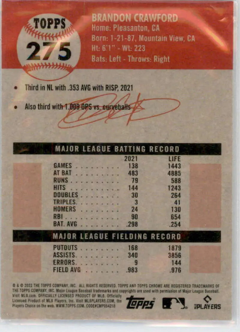 2022 Topps Chrome Platinum Anniversary #275 Brandon Crawford EX Excellent San Francisco Giants Baseball Card - Baseball