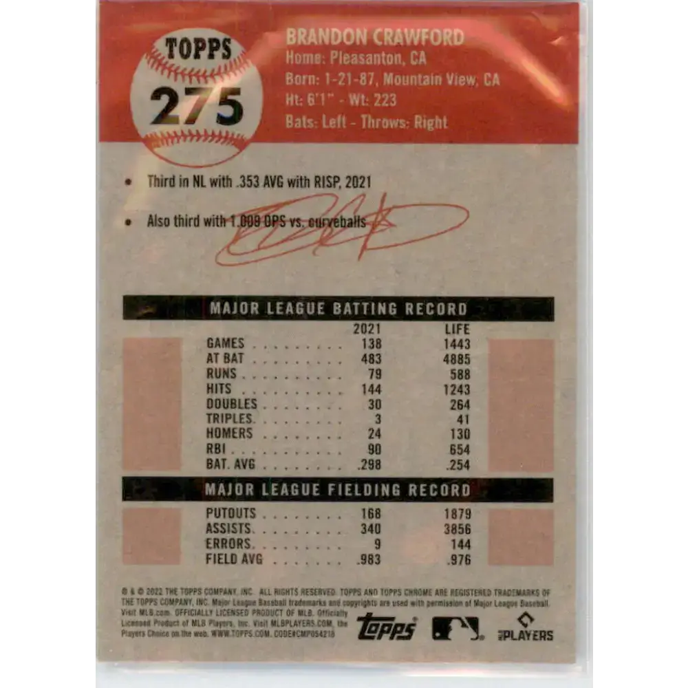 2022 Topps Chrome Platinum Anniversary #275 Brandon Crawford NM-MT San Francisco Giants Baseball Card - Baseball Card
