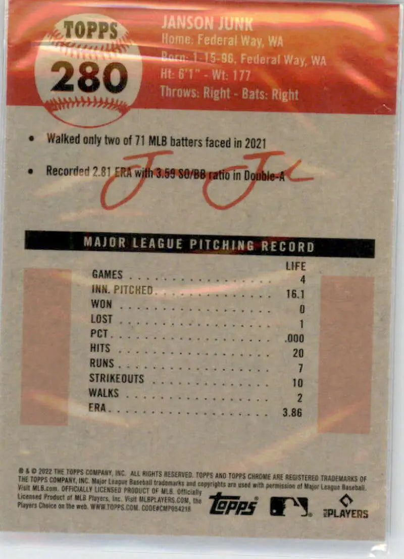 2022 Topps Chrome Platinum Anniversary #280 Janson Junk EX Excellent RC Rookie Los Angeles Angels Baseball Card