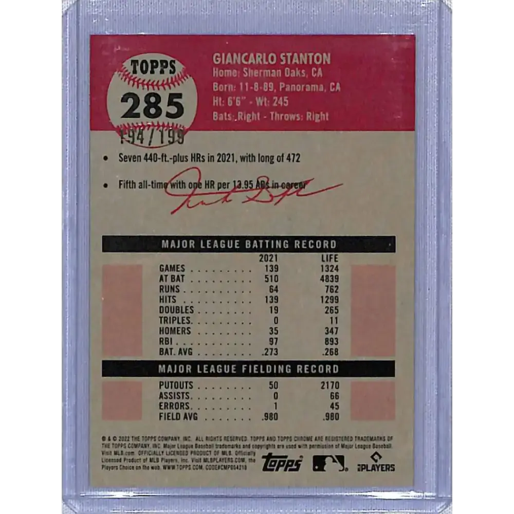 2022 Topps Chrome Platinum Anniversary #285 Giancarlo Stanton Platinum Toile White/Blue Refractor #/199 NM-MT Baseball